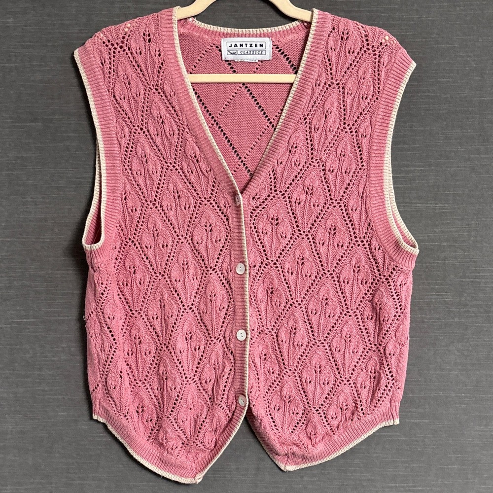Vintage Jantzen Sweater Vest M Pink Pointelle Knit Sleeveless Cardigan Tank 90s